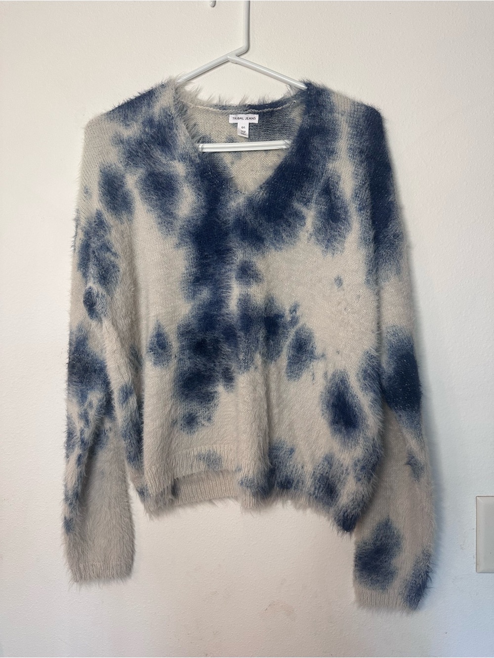 Tribal Cream and Navy Fuzzy Tie-Dye V-Neck Sweater